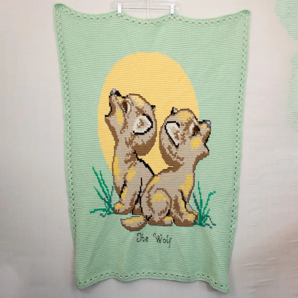 Handmade crochet knitted wolf baby blanket